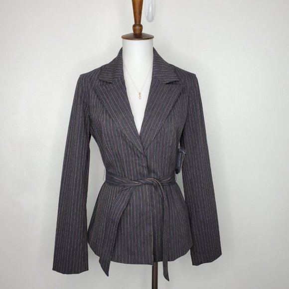 Bisou Bisou Jackets & Blazers - Bisou Bisou Gray Pinstriped Belted Career Blazer, NWT, Size 2